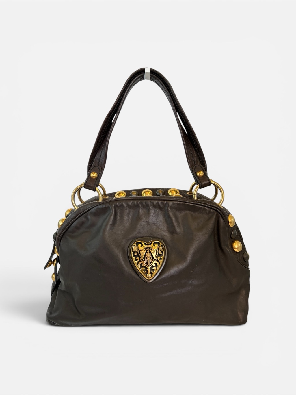 Gucci Brown Leather Studded Babouska Crest Shoulder Bag Gold Hardware